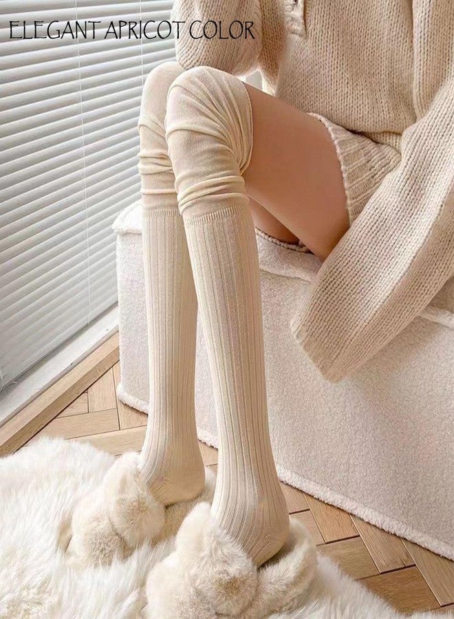 huablo Women's Fashionable Over - Knee Boot Socks Slouch - Top Knit Design High Socks Ideal for Over - Calf to High - Thigh Wear Apricot - Image 2